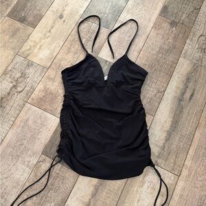 Sophisticated Black Ruched Halter Tankini Top Ties Slimming Flattering